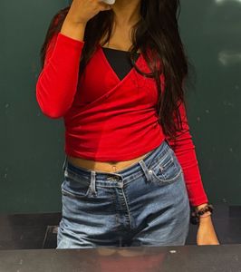 Red Long Sleeve Tie Back wrap Top
