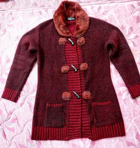 Burgundy Knit Coat For Women ❤️