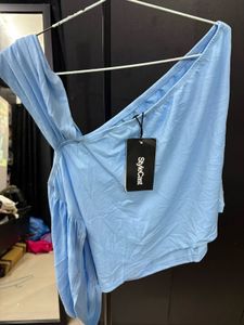 Chic Blue One-Shoulder Draped Top