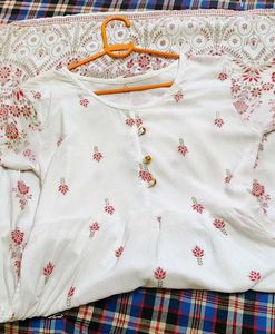 White Kurta with Red Floral Print