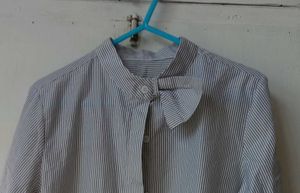 Women B&W Striped Shirt with Statement Bow Collar