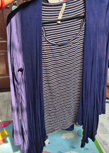 Blue Cardigan &amp; Striped Top Set