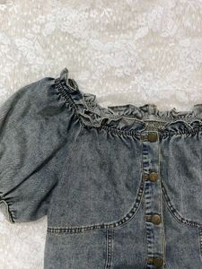 Denim Off-Shoulder Puff Sleeve Top