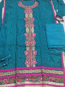 unstitched Embroidered Teal Kurta Set with Dupatta