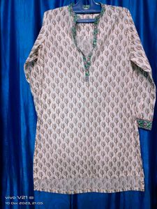 White N Green High Low  Kurti
