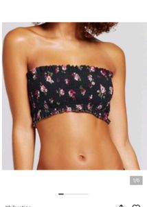 Smocked Floral Bandeau Bikini Top