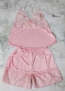 Lace Trimmed Pink Lingerie 2piece Set