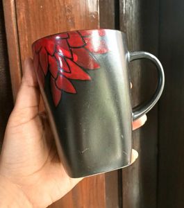 Set of 2 Black Mugs with Red Leaf Design