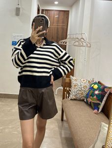 BLACK  and WHITE Striped Polo Collar knit SWEATER