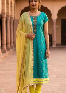 Vibrant Teal Embroidered Ethnic Dress Full Set