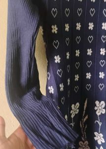 Navy Blue Floral Print Knit Dress