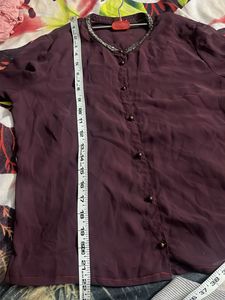Burgundy Sheer Button-Down Top
