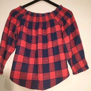 Off Shoulder Red &amp; Navy checkered Top