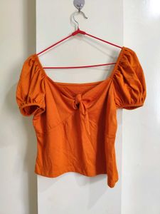 Orange Puff Sleeve Tie-Front Top