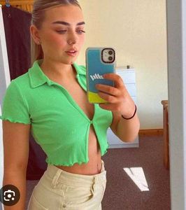 Green Ribbed Collared Zip-Up Crop Top