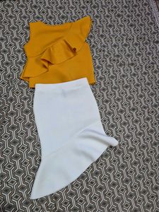 Chic Ruffled Mustard Top &amp; White Skirt Set