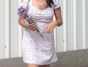 A white-lavender floral mini day out dress