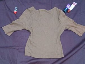 Y2K Brown Ribbed 3/4 Cropped  Sleeve Top