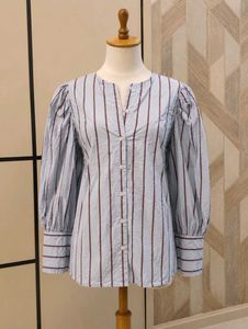 Light Blue Striped Puff Sleeve Top
