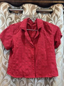 Chic Red Collared Button-Up Top