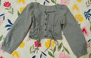 Gingham Square Neck Puff Sleeve Top
