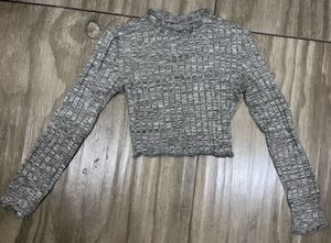 Grey Textured Cropped Long Sleeve Top
