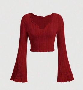Chic marron Ribbed Flare Sleeve Top