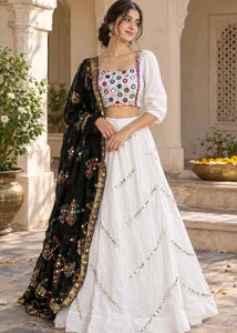 White Lehenga Choli Set with Mirror Work
