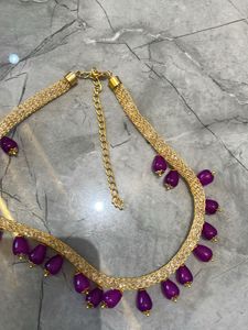 Gold Tone Necklace with Purple Beads