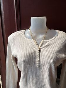 Cream Ribbed Henley Long Sleeve Top