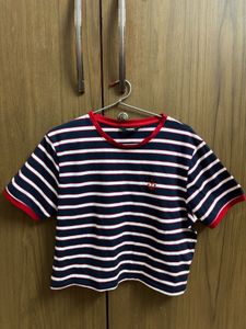 Navy & White Striped Cropped T-Shirt