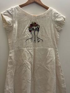 Embroidered Cream Linen Dress