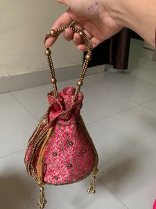 Pink &amp; Gold Embroidered Potli Bag