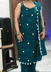 Teal Kurta Set with White Embellishments