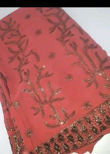 Beautiful Embroidered Coral Saree