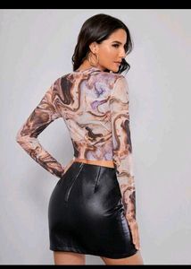 Trendy Mesh Marble Print Long Sleeve Crop Top