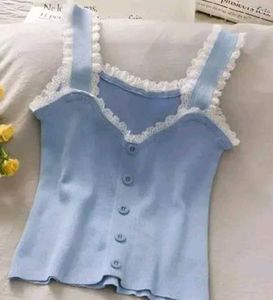 Cute Blue Lace Trim Knit Tank Top