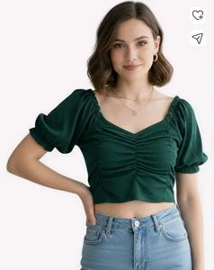 Stylish puff sleeve Green Ruched Crop Top