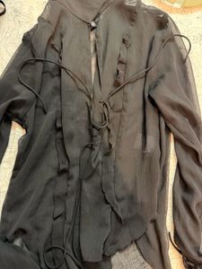 Sheer Black Ruffle Tie-Up Top