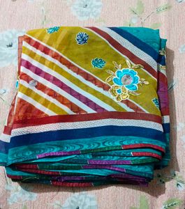Vibrant Striped Saree with Floral Embroidery