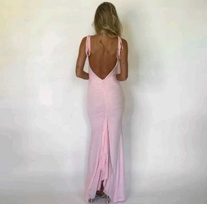 Pink Solid Plunging NeckMaxi Dress