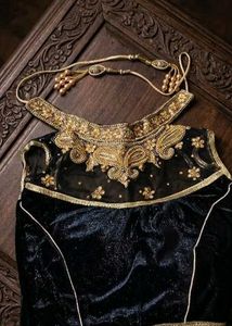 Elegant Black Velvet Blouse with Gold Embellishmen
