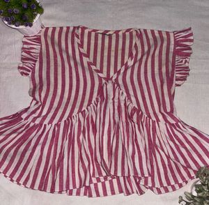Striped Ruffle Sleeve Peplum Top