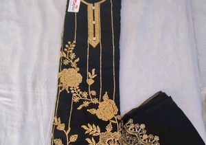 Elegant Black unstitched Suit with Golden Embroid