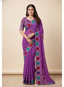 Beautiful Lavender Saree with Floral Embroidery