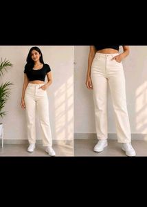 Cream High-Waisted Wide-Leg Jeans
