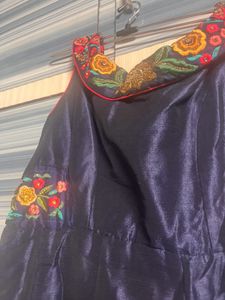 Navy Blue off Shoulder Embroidered Anarkali Dress
