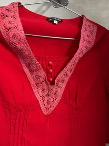 Red Kurta with Lace Neckline