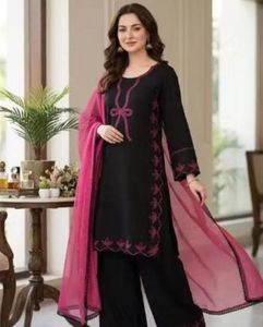 Elegant Black Kurta Set with Pink Embroidery