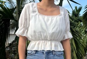 White Ruffled Square Neck Top